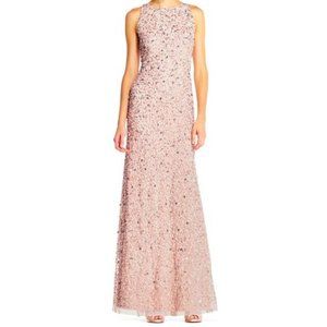 Adrianna Papell Blush Halter Beaded Gown Size 2 NWT